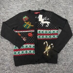 Holiday Traditions Natti Christmas Deer Cardigan Sweater Black Sequin Bells M